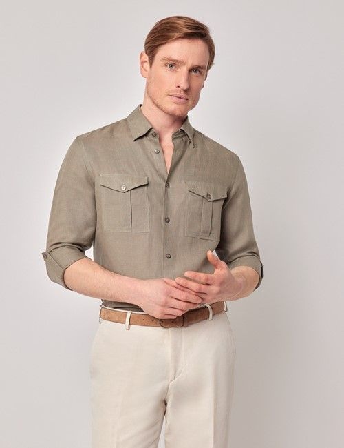 Khaki Pure Linen Slim Safari Shirt