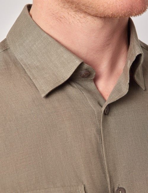 Khaki Pure Linen Slim Safari Shirt-preview