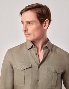 Khaki Pure Linen Slim Safari Shirt-preview2