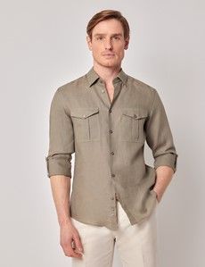 Khaki Pure Linen Slim Safari Shirt-preview7