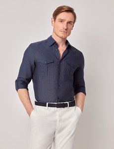 Navy Pure Linen Slim Safari Shirt