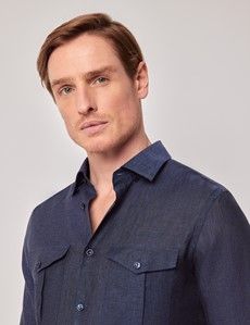 Navy Pure Linen Slim Safari Shirt-preview2
