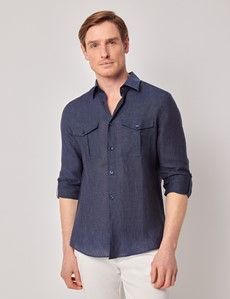 Navy Pure Linen Slim Safari Shirt-preview7