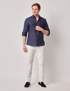 Navy Pure Linen Slim Safari Shirt-preview8