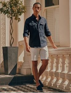 Navy Pure Linen Slim Safari Shirt-preview1