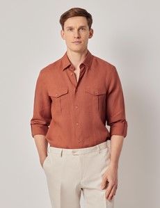 Rust Pure Linen Slim Safari Shirt