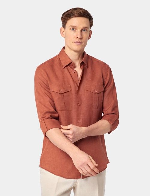 Rust Pure Linen Slim Safari Shirt