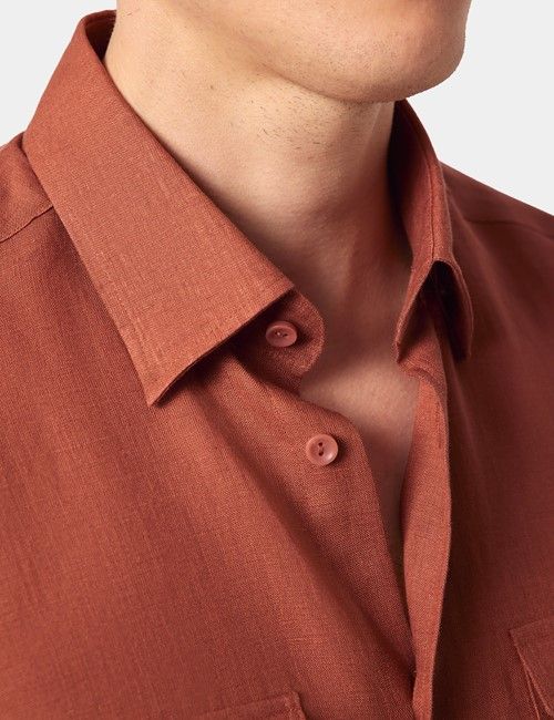 Rust Pure Linen Slim Safari Shirt-preview