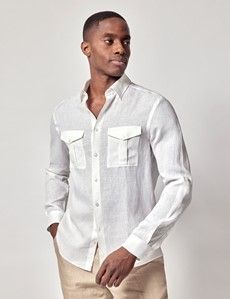 White Pure Linen Slim Safari Shirt-preview2