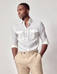 White Pure Linen Slim Safari Shirt