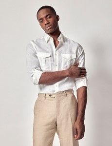 White Pure Linen Slim Safari Shirt-preview6