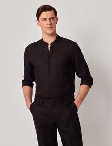 Black Pure Linen Shirt - Collarless-preview5