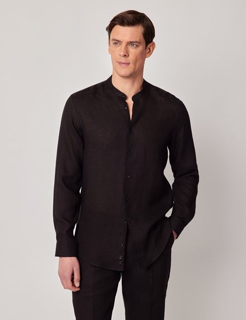 Black Pure Linen Shirt - Collarless