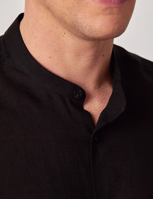 Black Pure Linen Shirt - Collarless-preview