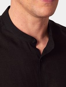Black Pure Linen Shirt - Collarless-preview1