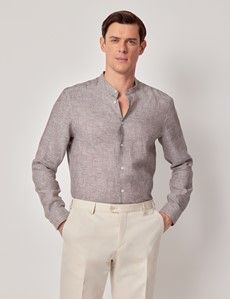 Brown Pure Linen Shirt - Collarless