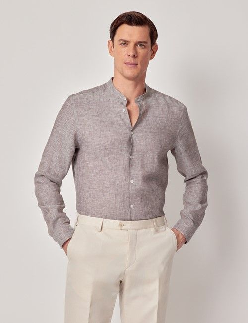 Brown Pure Linen Shirt - Collarless