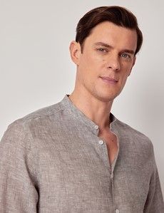 Brown Pure Linen Shirt - Collarless-preview2