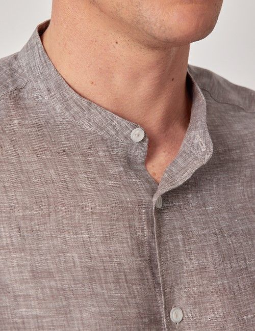Brown Pure Linen Shirt - Collarless-preview