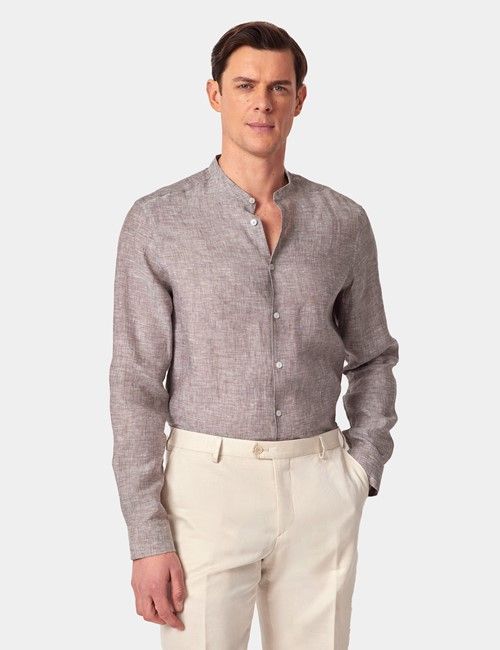 Brown Pure Linen Shirt - Collarless