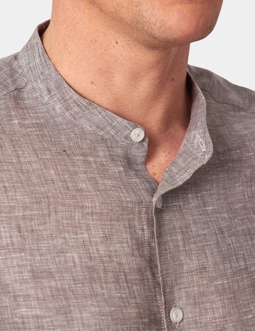 Brown Pure Linen Shirt - Collarless-preview