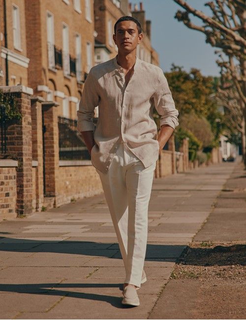 Natural Pure Linen Shirt - Collarless-preview