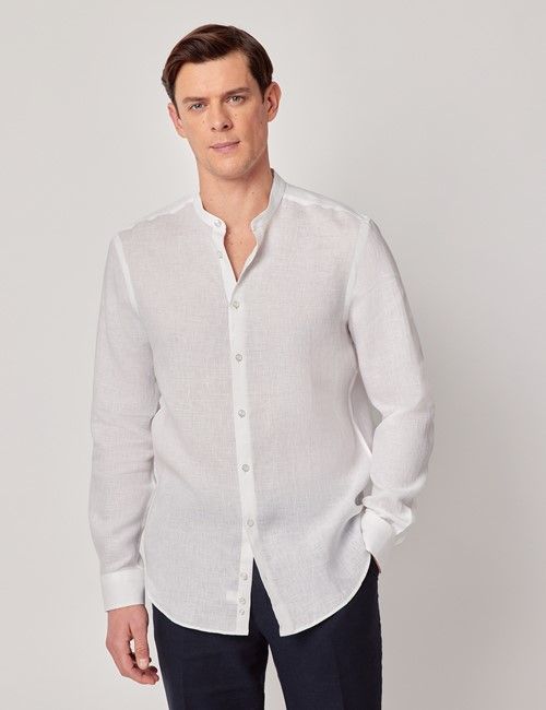 White Pure Linen Shirt - Collarless