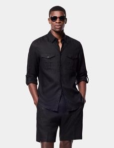 Slim Fit Black Linen Safari Shirt