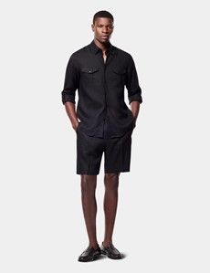 Slim Fit Black Linen Safari Shirt