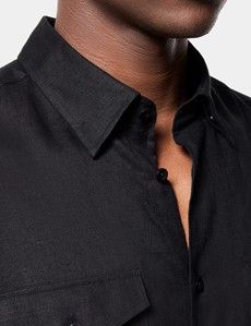 Slim Fit Black Linen Safari Shirt