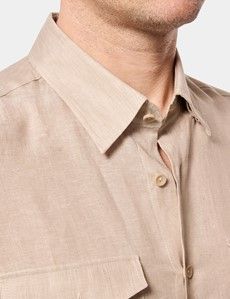 Slim Fit Taupe Linen Safari Shirt