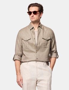 Slim Fit Khaki Linen Safari Shirt