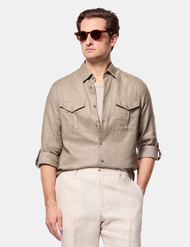 Slim Fit Khaki Linen Safari Shirt
