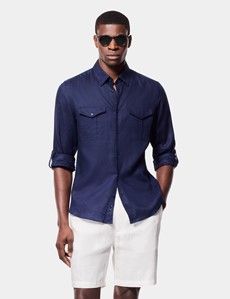 Slim Fit Navy Linen Safari Shirt