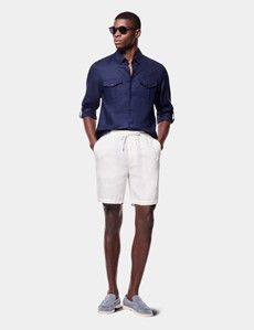 Slim Fit Navy Linen Safari Shirt