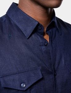 Slim Fit Navy Linen Safari Shirt