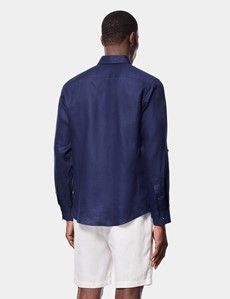 Slim Fit Navy Linen Safari Shirt