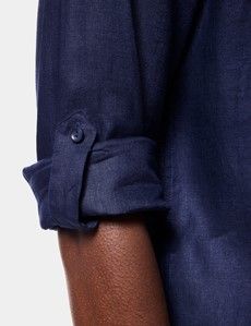 Slim Fit Navy Linen Safari Shirt