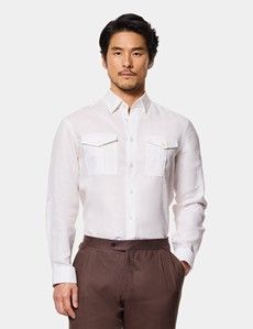 Slim Fit White Linen Safari Shirt