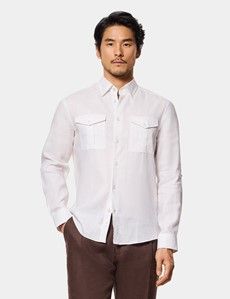 Slim Fit White Linen Safari Shirt