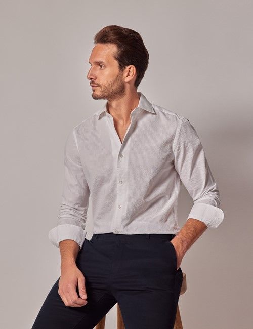 White Seersucker Stripe Shirt - Full Cutaway Collar
