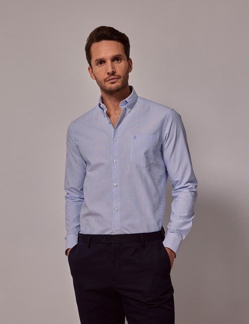 Blue & White Stripe Oxford Shirt - Button Down Collar