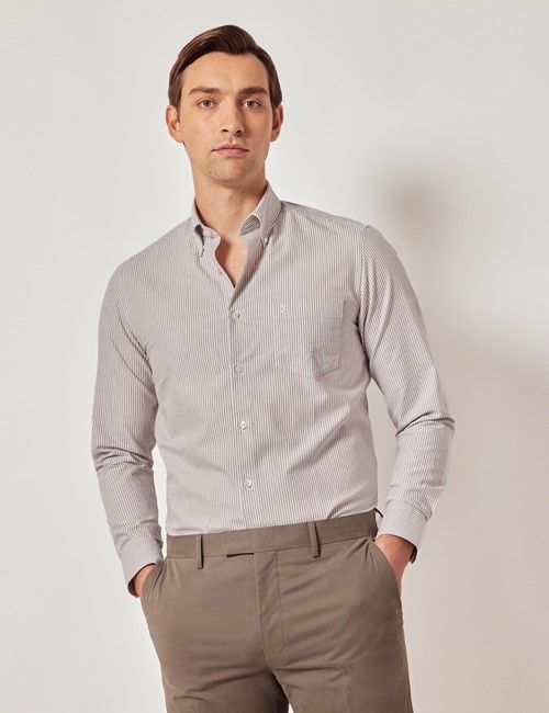 White & Brown Stripe Oxford Shirt - Button Down Collar