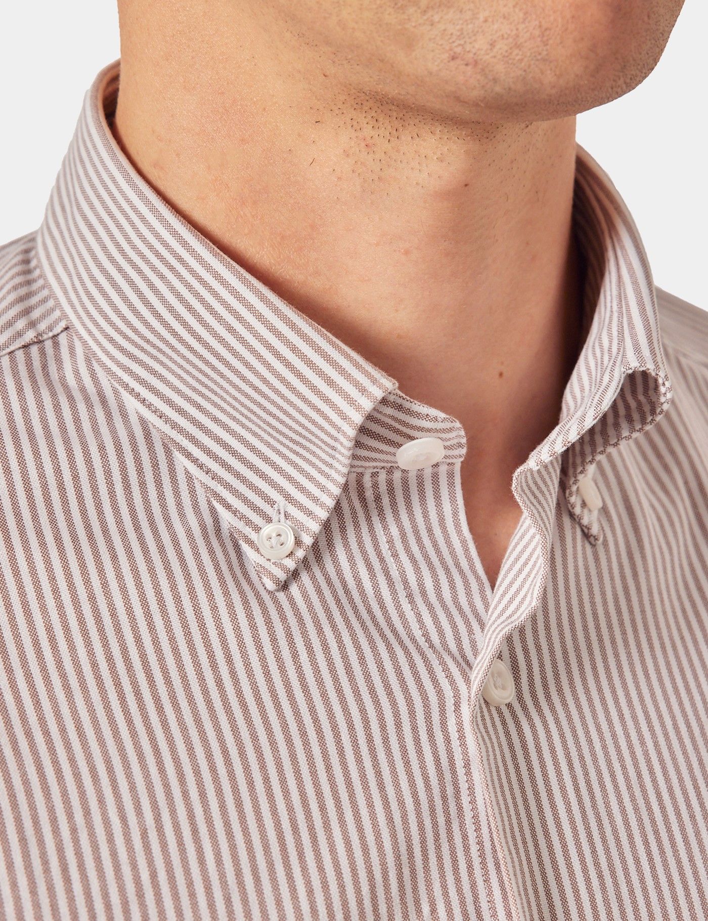 Regular Fit White & Brown Stripe Washed Oxford Shirt-preview