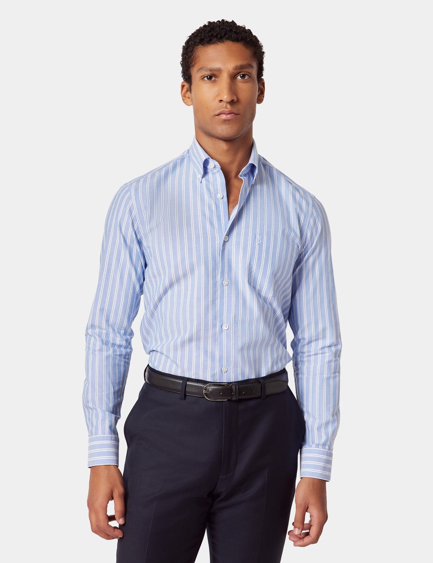 Regular Fit Light Blue & White Stripe Pin Point Washed Oxford Shirt