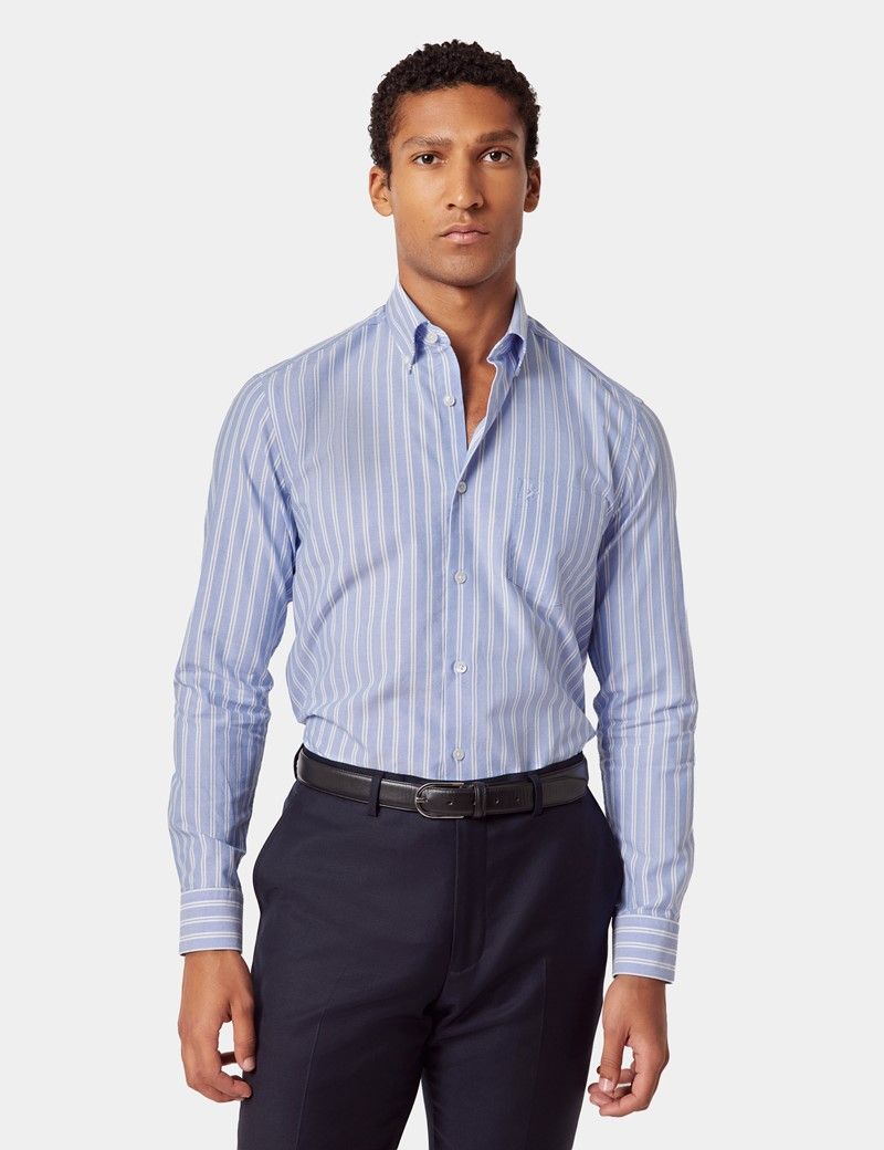 Regular Fit Light Blue & White Stripe Pin Point Washed Oxford Shirt
