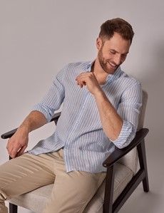 Blue & White Stripe Linen Slim Shirt - Button Down Collar
