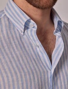 Blue & White Stripe Linen Slim Shirt - Button Down Collar-preview1