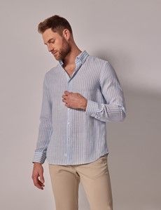 Blue & White Stripe Linen Slim Shirt - Button Down Collar-preview2