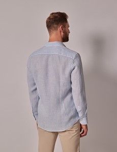 Blue & White Stripe Linen Slim Shirt - Button Down Collar-preview3
